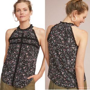 MAEVE Anthro Lace Ruffle Trim High Neck Sleeveless Pink Floral Lined Blouse